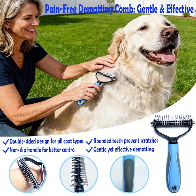 5-in-1 Pet Grooming Kit with Self-Cleaning Slicker Brush for Dogs & Cats, Includes Undercoat Rake, Dematting Comb, Fine-Tooth Flea Comb, and Massage Bath Brush - Complete Grooming Solution