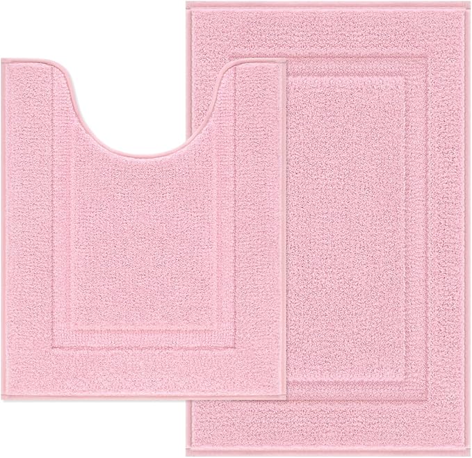 SHACOS 2 Pieces Pink Bathroom Rugs Set with Toilet Rug Soft Fluffy Absorbent 20"x32" Bath Rugs 20"x24" U Shaped Toilet Mat Non Slip Washable Bath Mat Set of 2