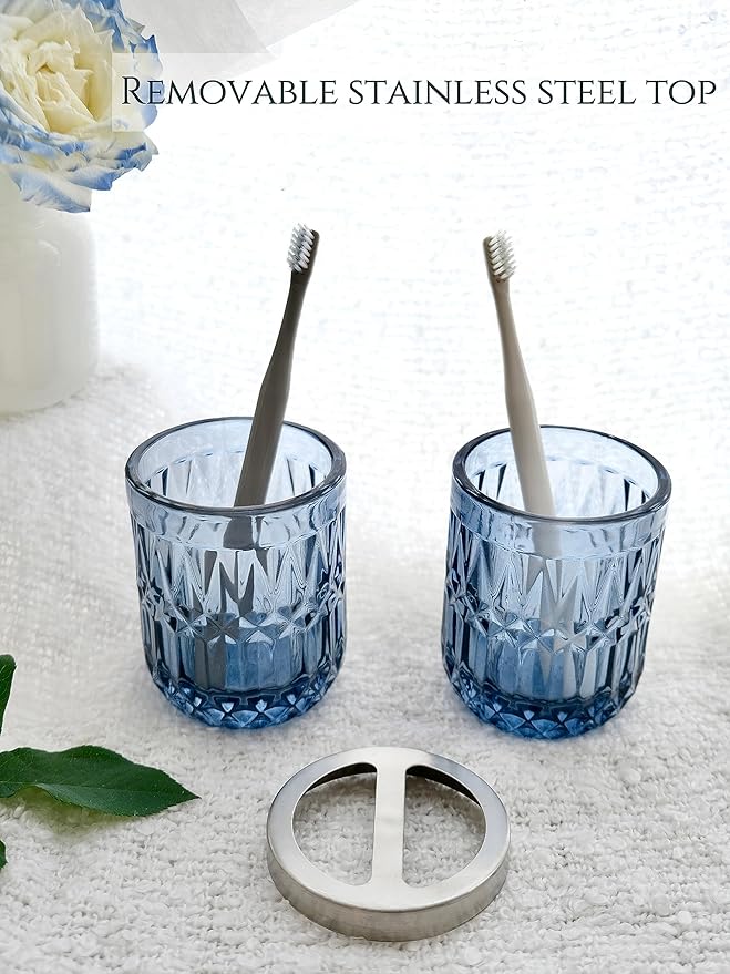 Blue Bathroom Accessories Set, 5Pcs Clear Glass Bathroom Accessories, Hand Soap Dispenser, Soap Dish, Toothbrush Holder Set, Qtips Holder for Crystal Vintage Bath Countertop Decor, Gift Set