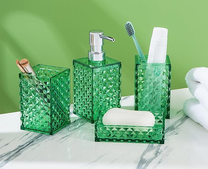 Bathroom Accessory Set, 4 PCS Green Bathroom Accessories Sets, Diamond Pattern Bathroom Soap Dispenser and Toothbrush Holder Sets Accessories Contain Soap Dish Tumbler, Boho Bathroom Décor