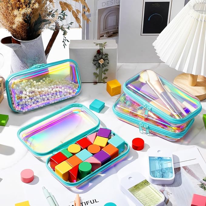 Hoolerry 4 Pcs Hard Clear Zipper Case Makeup Bags Plastic Zipper Pouch Transparent Storage Box Containers for Cosmetics, Snacks, Building Blocks, Puzzles(Clear,7.5 x 3.9 x 2 in,Blue Laser)