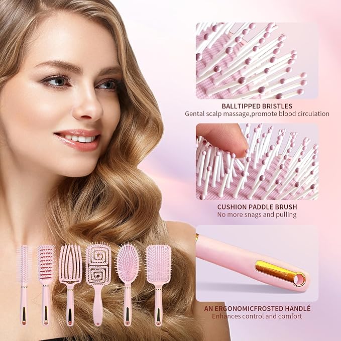 11PCS Hair Brush Set, Round Brush and Paddle Hair Brush Great On Wet Long Thick Hair, Detangling Brush and Spray Bottle for Wavy Curly Hair Pink