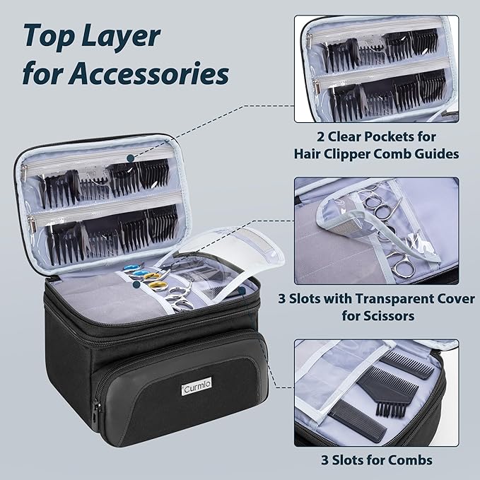 CURMIO Travel Carrying Case for Hair Clipper, Double Layer Barber Supplies Hair Cutting Tools Storage Bag Compatible with Ufree/Wahl/Andis/Hatteker/Osterpro and Most Standard Men Hair Trimmer