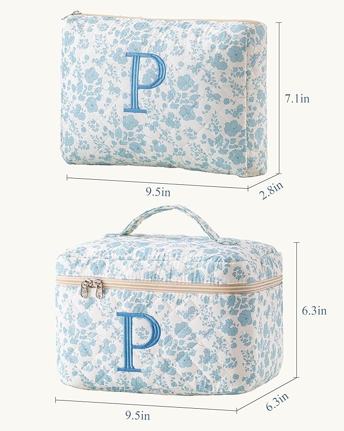 HBselect 2Pcs Quilted Cotton Large Travel Coquette Floral Makeup Bag - Cosmetic & Toiletry Bag for Women & Girls