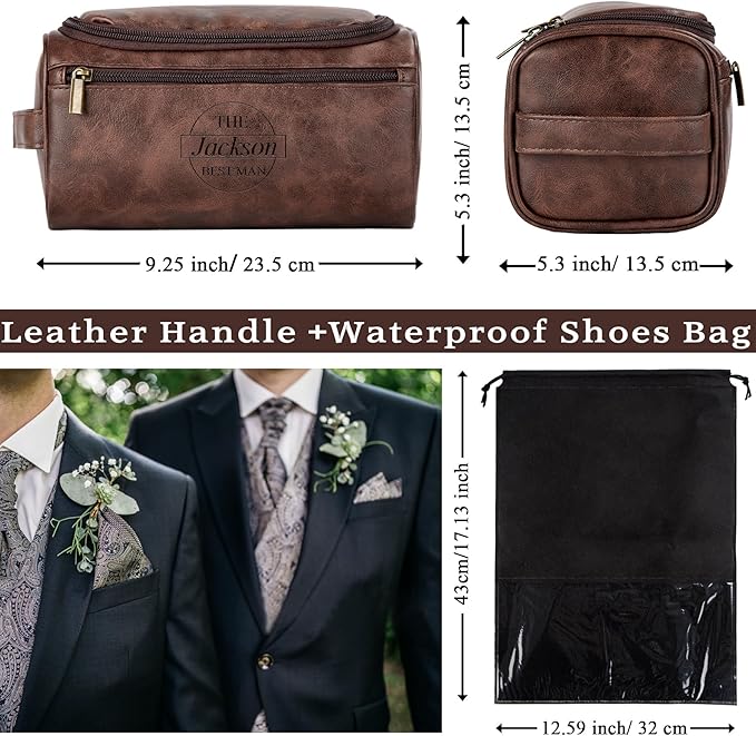 Flycalf Personalized Travel Toiletry Bag for Men Groomsmen Gift Leather Water Resistant Bathroom Shaving Bag Hanging Organizer