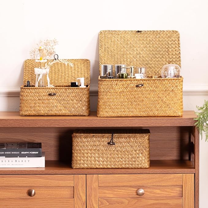 Nonam Storage Basket with Lid, Natural Seagrass Bin with Lid Set of 2, Shelf Baskets Multipurpose Container for Boho Decoration, Rectangular Household Storage Boxes for Home Organization-Natural
