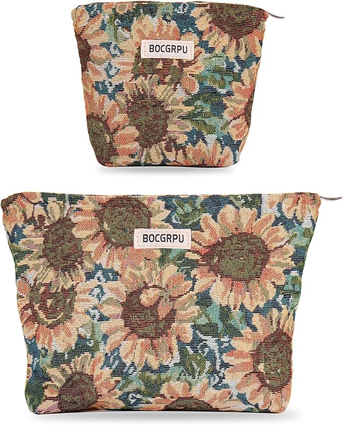 2 PCS Makeup Bag Set，Portable Cosmetic Bag for Purse ，Large Storage Capacity Toiletry Bag Make up Organizer，Travel Pouch with Zipper for Women, (Sunflower Oil Painting)