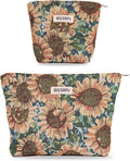 2 PCS Makeup Bag Set，Portable Cosmetic Bag for Purse ，Large Storage Capacity Toiletry Bag Make up Organizer，Travel Pouch with Zipper for Women, (Sunflower Oil Painting)