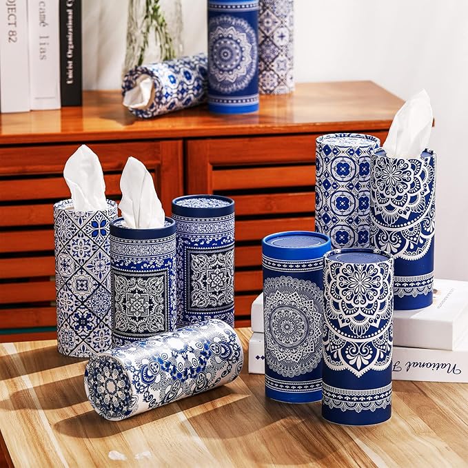 Outus 12 Pcs Mandala Car Tissues Cylinder Holder with 3 Ply Facial Tissue Bulk Round Tissue Holder Travel Tissues Boxes Container for Car Cup Wedding Birthday Party