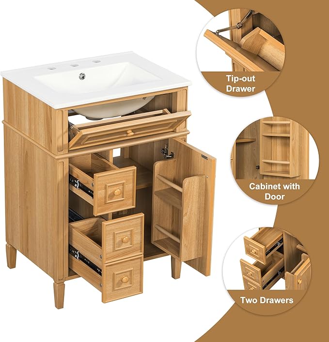Harper & Bright Designs 24" Bathroom Vanity with Sink, Free Standing Single Basin Vanity Set with Tip-Out Drawer, 2 Drawers, and 2 Doors, Wood Bathroom Cabinet with Ceramic Basin for Bathroom, Wood