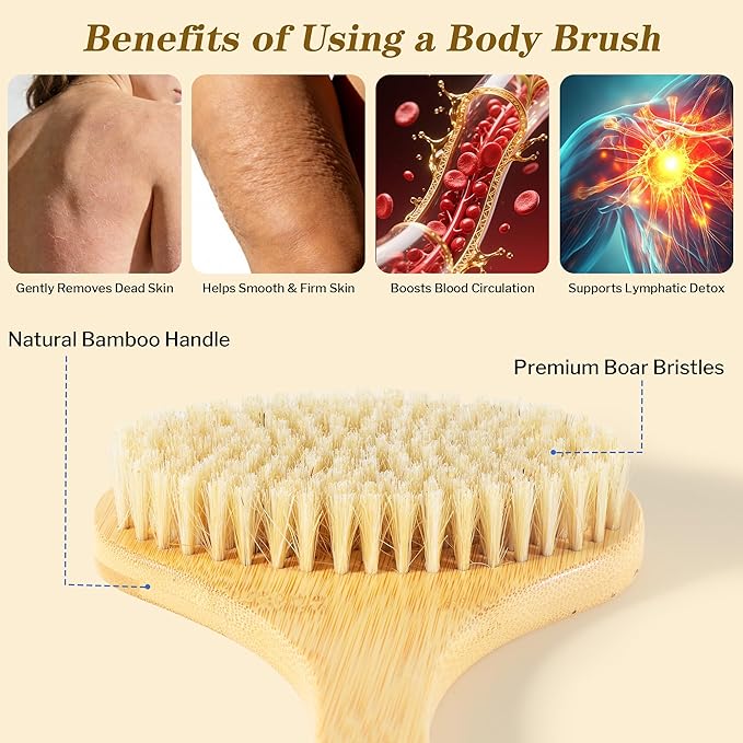 Bamboo Bath Brush with Curved Long Handle, Natural Bristle Back Scrubber for Shower, Exfoliating Body Brush for Wet or Dry Use, Anti-Slip Design for Gentle Deep Cleaning, Wood Color