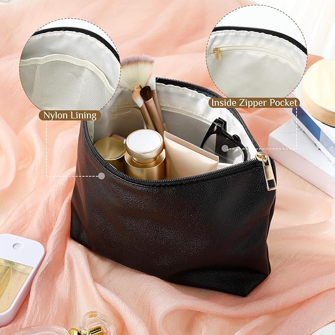 Kigeli PU Leather Makeup Bag for Women Gift Cosmetic Pouch for Purse Waterproof with PU Leather Travel Toiletry Organizer with Zipper for Women Bridesmaid Friend Gift(Black)