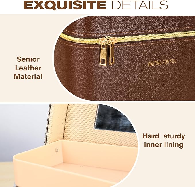 Luxury brown makeup box, Portable leather hard cosmetic case with mirror, Sturdy train case make up box for women adults. (Double-layer-Brown)