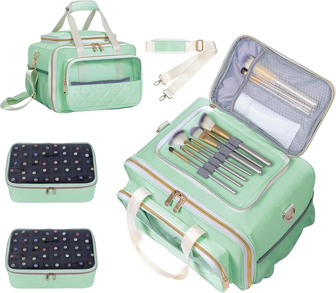 Nail Polish Organizer Holds 80 Bottles, with Two Removable Case, Portable Travel Nail Kit Storage Bag for Manicurist, Nail Art Enthusiasts,Green
