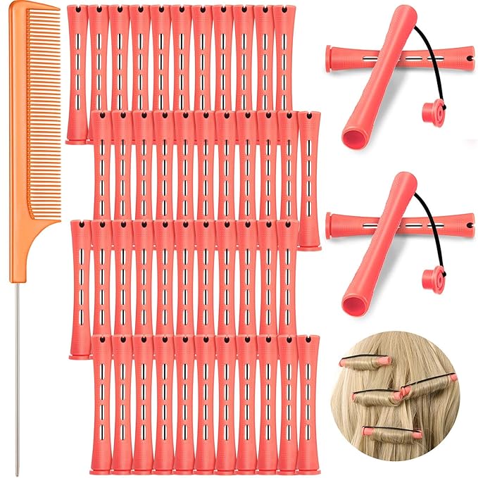 48 Pieces Cold Wave Hair Perm Rods and Plastic Curlers with Steel Pintail Comb for Hairdressing and Styling (Pink, 0.51 Inch/ 1.3 cm)