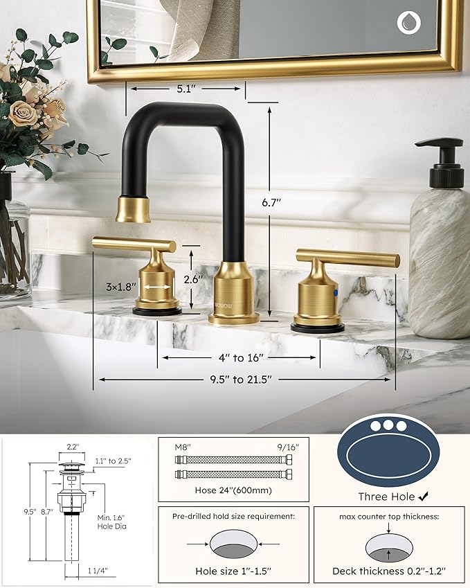 Black and Gold Bathroom Faucet: WOWOW Widespread Bathroom Sink Faucet 3 Hole with Pop-up Drain and Supply Lines, 8 Inch Vanity Taps 3 Pieces Basin Tap 2 Handle Modern (2 Pack)