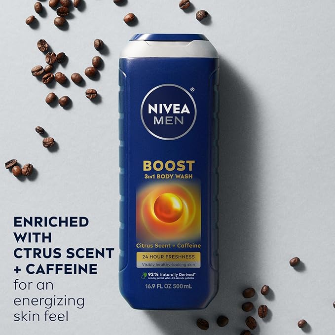 NIVEA MEN Boost Body Wash, Citrus Scent and Caffeine Enriched, 3-in-1 Men's Body Wash, Face and Hair, Paraben Free, Vegan Formula, 16.9 Fl Oz Bottle, Pack of 3