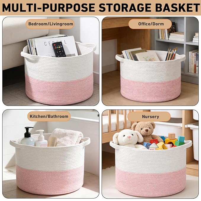 115L Large Blanket Basket,23.6" L x 23.6" W x 15.7" H Rope Woven Baskets with Handles, Toys Storage Bins,Laundry Basket Perfect for Living Room, Nursery,Bedroom,Home Organization,White&Pink