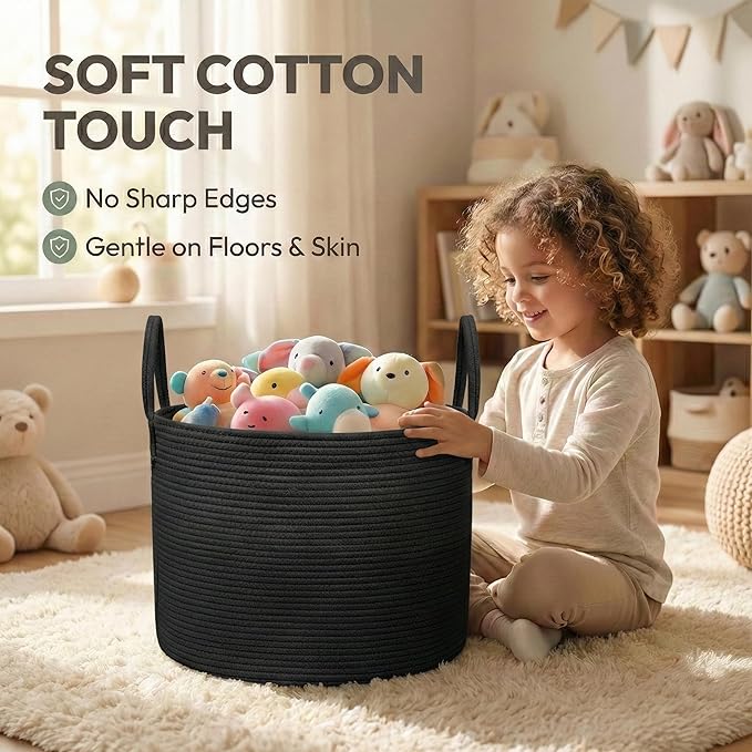 115L Extra Large Blanket Basket for Living Room - Woven Cotton Rope Laundry Hamper with Reinforced Handles - Storage Bin for Pillows, Comforters & Toys - Machine Washable,Black