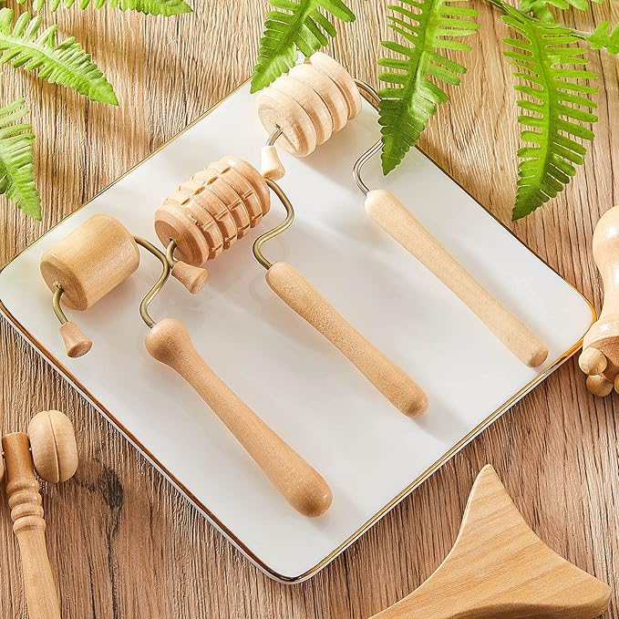 Boao 7 Pcs Wood Therapy Massage Tools Set, Wooden Face Massage Tool & Roller Kit for Lymphatic Drainage Care, at-Home Relaxation & Facial Care Tools, Natural Wood