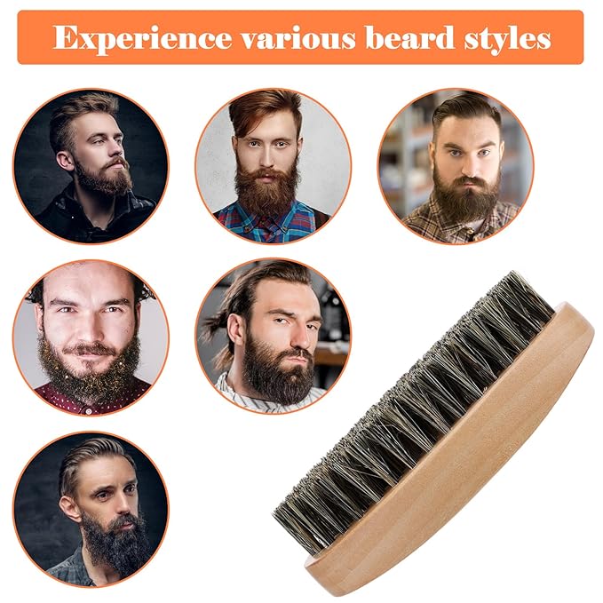 2PCS Beard Brush & 360 Wave Brush for Men, Medium Hard Palm Brushes for Laying Down 360 Waves, Wooden Handle, Soft Nylon Brushes For Fuller, Thicker Hair, Beard & Mustache