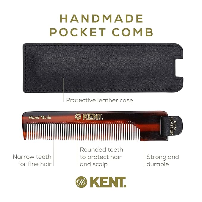 Kent NU22 Handmade All Fine Tooth Pocket Comb for Men, Women and Kids, Hair Comb Straightener for Everyday Grooming Styling Hair, Beard and Mustache, Saw Cut and Hand Polished, Made in England