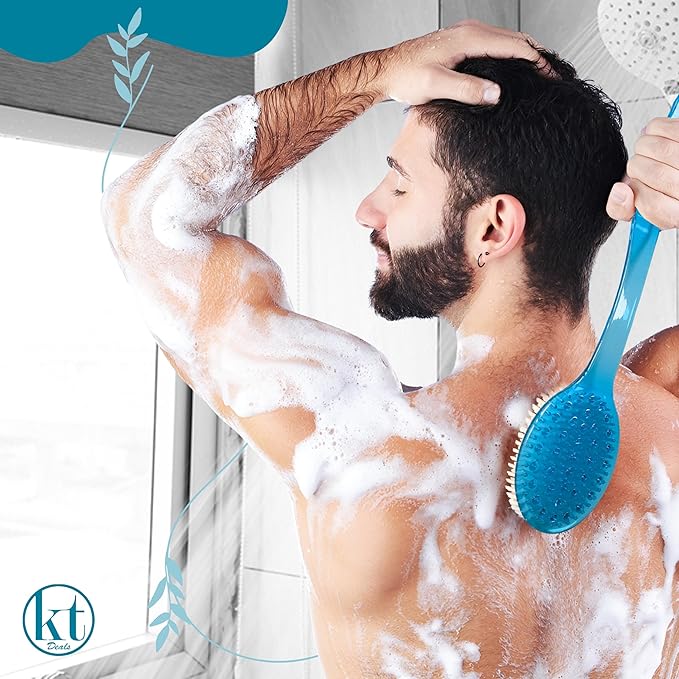 2 Pack Bath Body Brush Long Handle Back Shower Brush Exfoliating Back, Body, and Feet Scrubber Soft Nylon Bristles (Blue & Green)