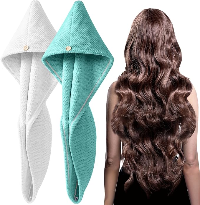 YFONG 2 Pack Microfiber Hair Towel Wrap for Women, Super Absorbent Quick Dry Hair Turban for All Hair Style Anti Frizz, Large Hair Drying Towel with Button
