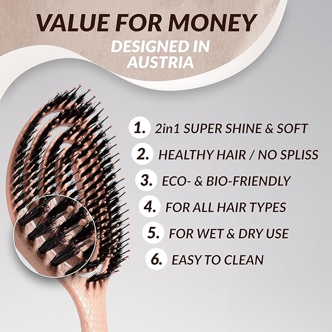 marQus Detangle Boar Brush Women and Men, Exclusive Ultra-soft bending Bristles and Body - Glide Through Tangles With Ease For All Hair Types - Women, Men, Wet And Dry Hair, 1pcs Brown Brush