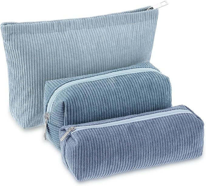 3 Pcs Makeup Bag Set for Women Corduroy Cosmetic Pouch Aesthetic Smile Travel Toiletry Bag Cute Purse Pouch Pencil Case Makeup Brushes Storage Organizer with Zipper(Blue,Gradient)