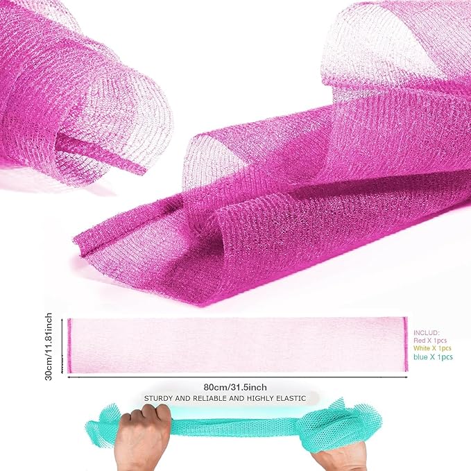 3 Pieces Exfoliating Washcloth Shower Towel African Net Sponge Japanese Wash Cloth Face Exfoliating Sponge Loofah Exfoliating Body Scrubber for Body Exfoliation (Rose Red,White,Green)