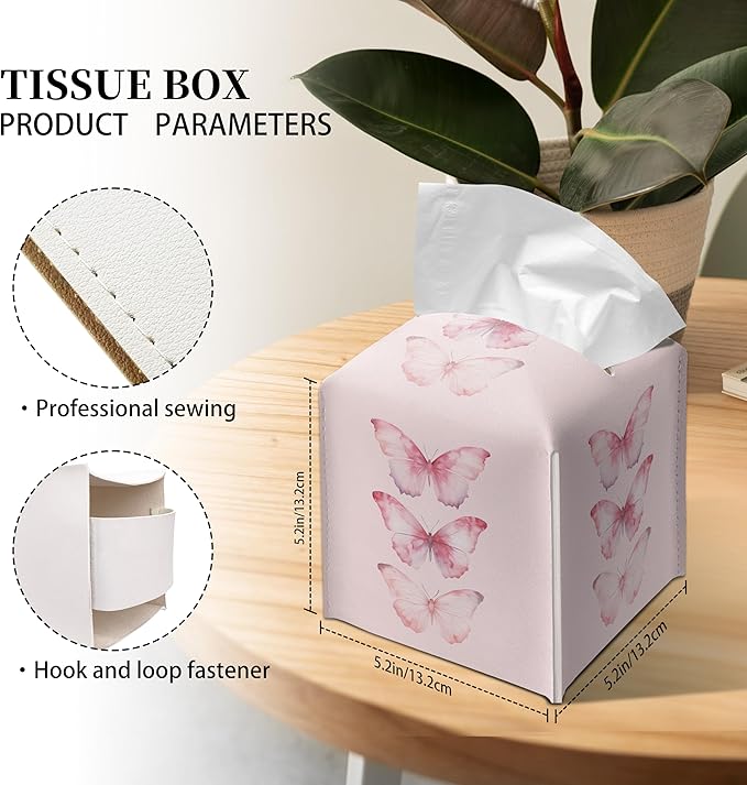 Grace Yonks Cute Pink Butterfly Tissue Box Cover Square, Cube Case for Facial Tissues, 5.2" PU Leather(075)