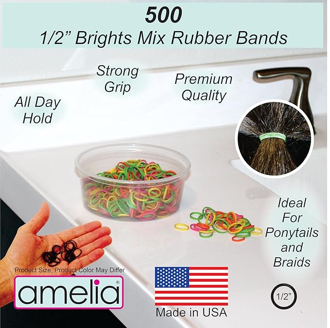 Amelia Beauty 500 Count Small Rubber Bands for Hair – ½" Brights Mix - Made in USA - Recloseable Container - Mini Hair Elastics for Braids, Ponytails, Cornrows & Twists – Strong Hold Ponytail Holders