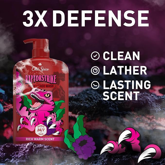 Old Spice Cleansing Body Wash for Men,3X Defense,24/7 Shower Fresh with Lasting Scent,2-in-1 Body & Face Wash,Raptorstrike with Dark Berry Scent,33.4 oz,(Pack of 2)