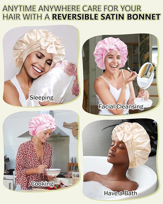 Satin Bonnet Silk Hair Wrap for Sleeping - Reversible Bonnets for Curly Hair - Double Layer Night Cap with Tie Band (Champagne + Pink)