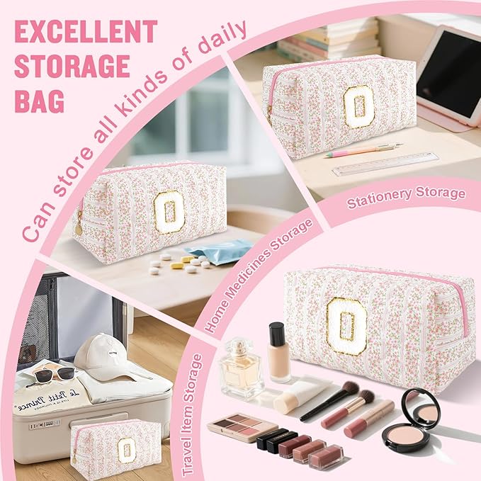 Personalized Quilted Cosmetic Bag, Puffy Monogrammed Christmas Birthday Gifts for Women & Girls, Cute initial Floral Makeup Bag Puffer Coquette Bag, Aesthetic Travel Toiletry Zipper Pouch(Pink,O)