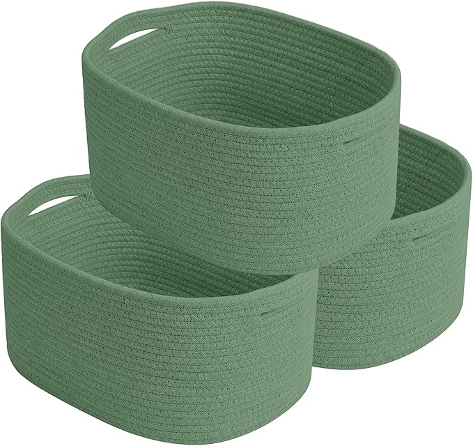 Cotton Rope Storage Basket, 15x10x9 Inches, Woven Basket for Shelves, Clothes, Towels, Books, and Laundry, Green (3 Pack)