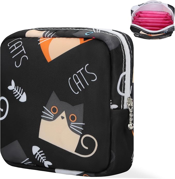 Period Bag Pouch, Canvas Sanitary Napkin Storage Bag for Girls Womens, Portable Sanitary Napkin Period Pad Pouch Bag for Purse, Small Make Up Bags(5170, Black)