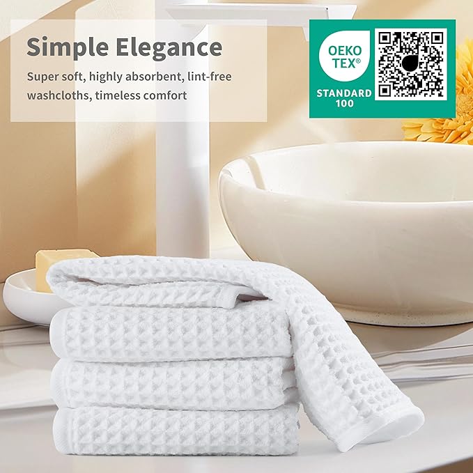 Microfiber Waffle Face Towels, 4 Pieces, Soft, Absorbent, Fast Drying, Lint Free 430 GSM (White)