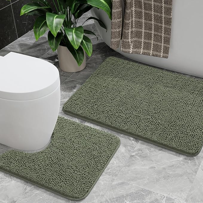AROGAN Bathroom Rug Sets 2 Piece, 20"x20" U-Shaped Toilet Mat and 21"×34" Bath Mats Floor Set, Washable Bath Rug Set, Absorbent Soft Non Slip Bathroom Rug, Sage Green
