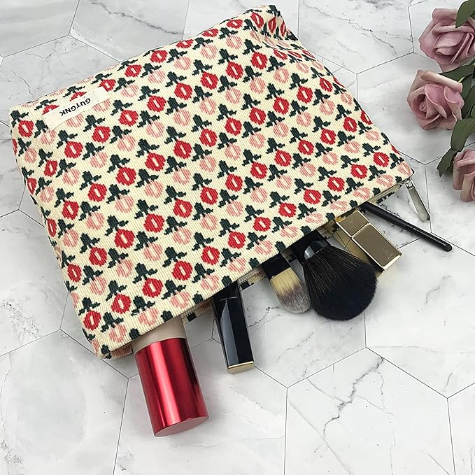 GUTGNK Corduroy Ladies Cosmetic Bag, Large Capacity Canvas Cosmetic Bag Travel Toiletry Bag Accessories Organizer, Little Red Flower