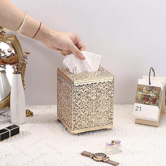 Sumnacon Tissue Box Cover Square Tissue Box with Lid, Metal Tissue Box Holder Stylish Tissue Cover Cube Tissue Box Cover for Bathroom Toilet Kitchen Table Desk Home Office, Gold