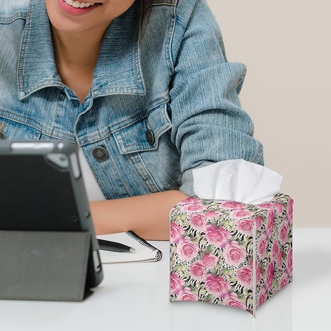 Rose Leopard Decorative Tissue Box Cover, Waterproof PU Leather Square Holder with Metal Button, Protective Napkin Case for Bathroom Countertop, Office Desk, and Car Interior