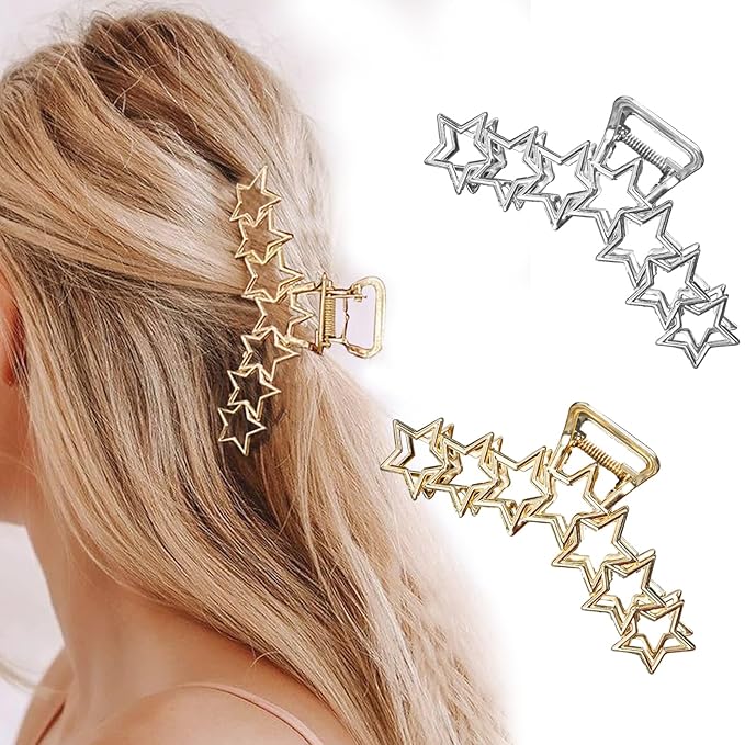 2PCS Y2k Metal Hair Claw Clips Star Hair Clips for Women Big Nonslip Design Claw Hair Clips for Thick and Thin Hair Stitching Silver Gold Large Hair Accessories for Women