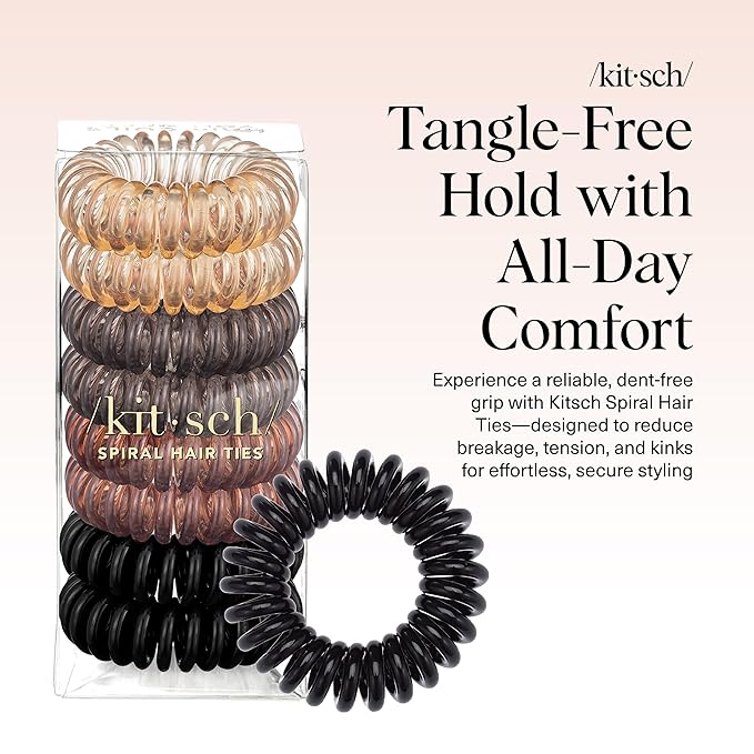 Kitsch Spiral Hair Ties for Women – Coiled Plastic Hair Ties No Damage, Ponytail Holders for Thick and Thin Hair – Creaseless and Dent-Free, Phone Cord Style | Ideal Gifts for Women - Brunette, 8 Pcs