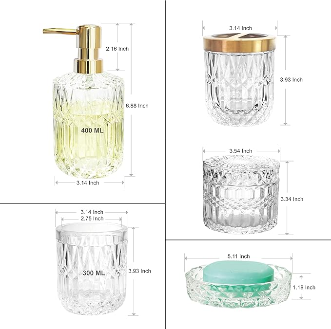 Glass Bathroom Accessories Set, 5pcs Crystal Clear Bathroom Set Accessories, Soap Dispenser, Toothbrush Holder Set, Soap Dish, Tumbler, Qtips Holder for Vintage Bathroom Decor, Gift Set