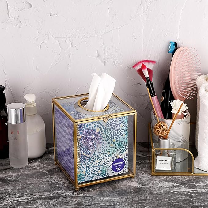 Sumnacon Square Clear Glass Tissue Box Cover -Dainty Cube Tissue Box Holder, Gorgeous Gold Facial Tissue Holder for Dresser Bathroom Bedroom Home Office Bar Restaurant Decor