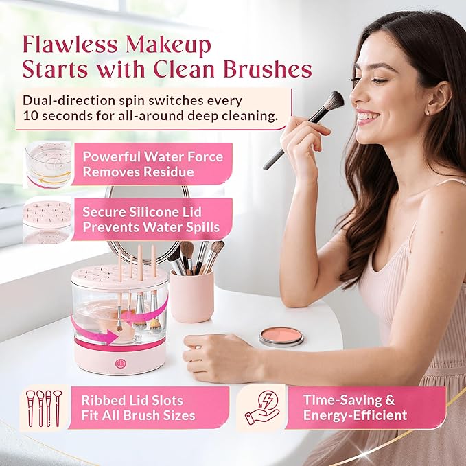 360° Electric Makeup Brush Cleaner - Dual Spin Makeup Brush Cleaning Machine, Holds 17 Brushes, Portable and Compact Design for Travel & Home Use, Perfect Brush Cleaner for Makeup Professionals