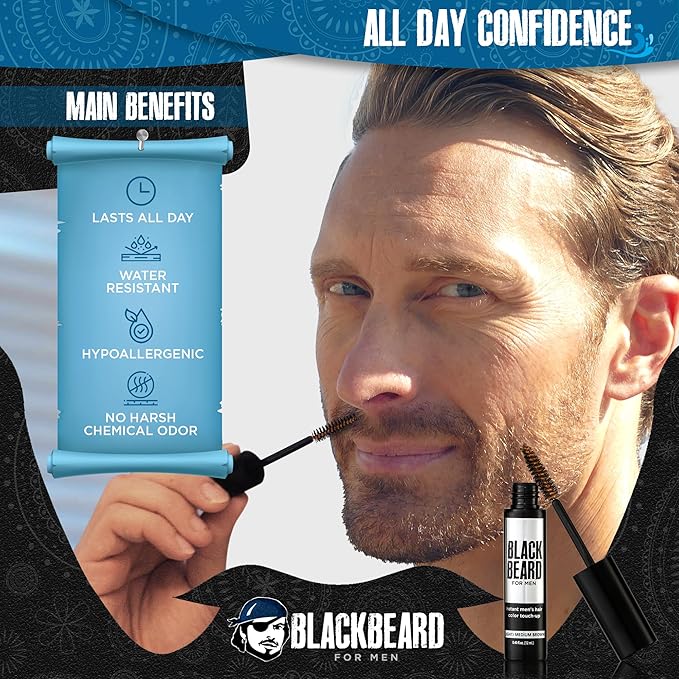 Blackbeard for Men Beard Color – 1-Day Beard, Mustache, Eyebrow, Sideburns Color – Temporary Facial Hair Tint - Hypoallergenic Beard Dye Alternative – Up to 45 applications– Light/Medium Brown, 6 Pack