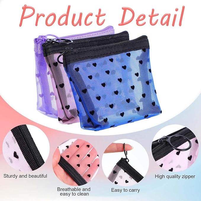 3Pcs Heart Print Mini Zipper Mesh Bags, Lipstick Cosmetic Accessories Organizer, Mini Zipper Mesh Cosmetic Bag for Women, Small Makeup Bag for Purse, Style 4